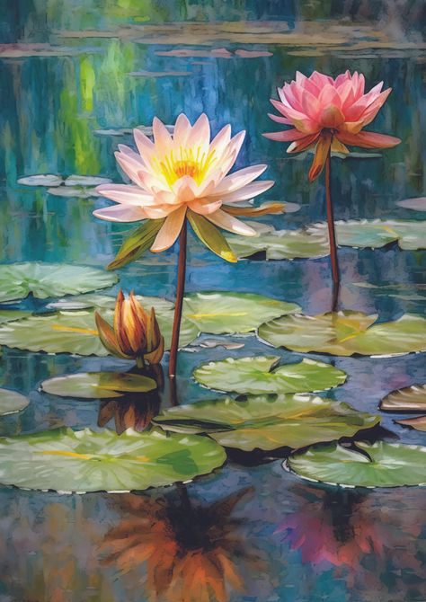 Lily Pads - A1 Rice Decoupage Paper Water Lilies Art, Painting Lotus, Water Lilies Painting, Pond Painting, Peaceful Vibes, Lotus Painting, Landscape Painting Tutorial, Lily Painting, Lotus Art