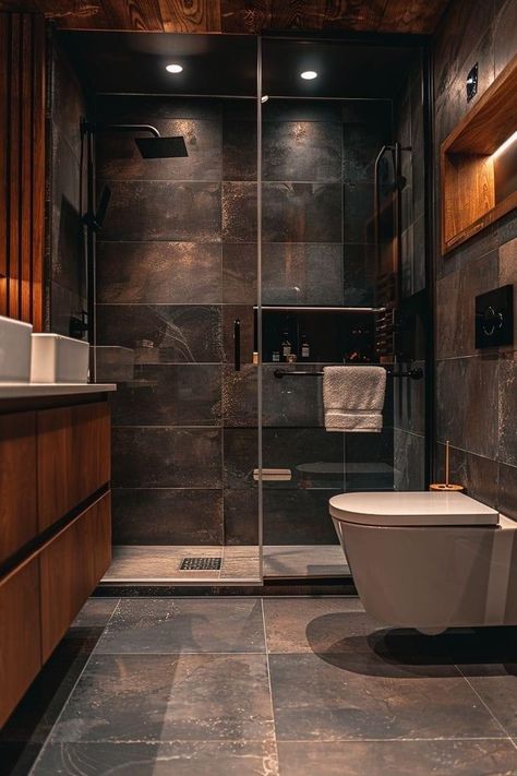 #interiordecor #bathroomstyle #decor #homedecoration #interiorstyling #interiordecor Mens Bathroom Ideas, Dark Modern Bathroom, Masculine Living Room Ideas, Masculine Living Room, Toilet Designs, Old Toilet, Living Room 2024, Masculine Living Rooms, Toilet Ideas