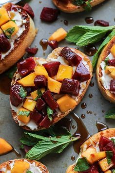 Mint Mango Beet Bruschetta with Honey Balsamic Glaze. Perfect for parties. Dairy-free / gluten-free friendly. Beet Bruschetta, Honey Balsamic Glaze, Balsamic Glaze Recipes, Sweet Potato Waffles, Clean And Delicious, Honey Balsamic, Healthy Cookie Recipes, Party Appetizers Easy, Honey Recipes