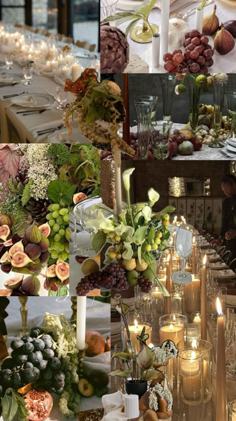 A mix of florals (white, ivory, purple, green, red, etc) with seasonal fruits and vegetables along with candles Table Decor With Fruit, Floral Tablescapes, Wedding Fruit, Fall Wedding Table Decor, Seasonal Fruits And Vegetables, Fall Wedding Tables, Reception Tablescapes, Seasonal Fruits, Fruit In Season