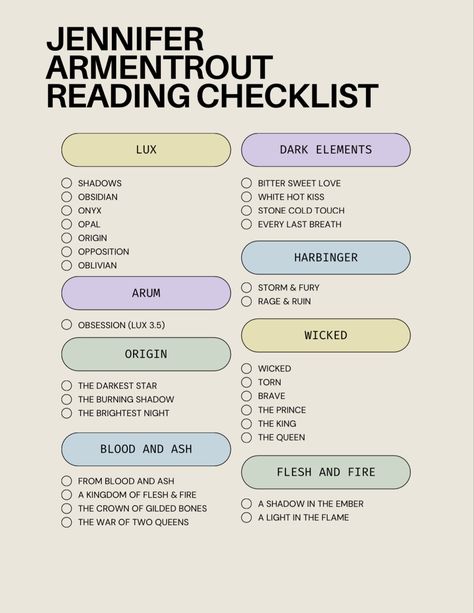 Checklist for Jennifer Armentrout Books - Partial List #luxseries #darkelementsseries #arum #originseries #bloodandash #fleshandfire #wicked #wickedseries #reading #booktracker #jenniferarmentrout #harbingerseries #readingtracker #readingchecklist #digitalreadingtracker #digitalnotebook Partial List #luxseries #darkelementsseries #arum #originseries #bloodandash #fleshandfire #wicked #wickedseries #reading #booktracker #jenniferarmentrout #harbingerseries #readingtracker #readingchecklist #digi Book Checklist, Jennifer Armentrout, Lux Series, Reading Tracker, Hot Kiss, Dark Star, Love Is Sweet, Reading Lists, The Crown