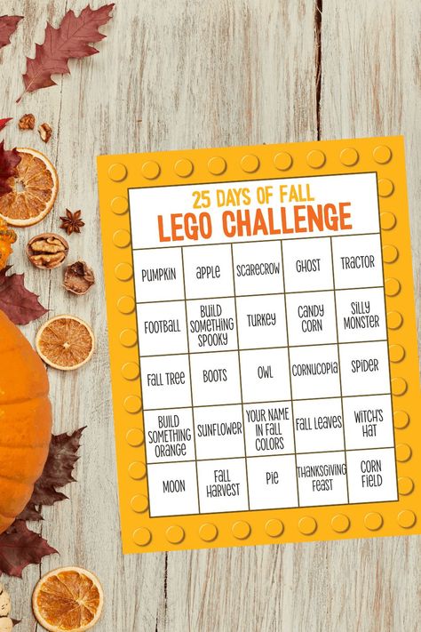 Fall LEGO Challenge Calendar for Kids. A great way to encourage your children to use their legos and enjoy the fall months! A fun STEM activity for kids that will help them use their fine motor skills and engage in fun learning activities. Building Ideas For Kids, Lego Building Ideas, Lego Stem, Stem Activity For Kids, Lego Crafts, Challenge Calendar, Paper Toy Printable, Fun Learning Activities, Fun Gadgets