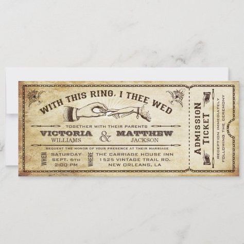 $2.93 | With This Ring, Vintage Wedding Ticket Invitation #wedding #ticket #invitation #vintage #rustic #oldfashioned #antique #hands #victorian #steampunk #announcement #admission #pointing #gothic #weddingring Vintage Engagement Party, Wedding Ticket, Engagement Party Vintage, Victorian Steampunk Wedding, Hot Air Balloon Wedding, Ticket Wedding Invitations, Elegant Engagement Party, Vintage Ticket, Party Tickets