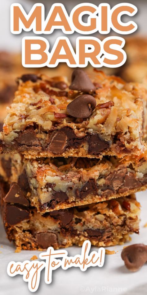 Whip up these irresistible Magic Bars - a delightful blend of graham cracker crumbs, sweetened condensed milk, chocolate chips, coconut, and pecans. A crowd-pleaser for every occasion, these sweet treats are perfect for satisfying your dessert cravings. Whether you call them seven layer bars, magic cookie bars, or hello dollies, they are scrumptious all the same. Make them and watch the magic as they disappear #MagicBars #DessertRecipe #SweetTreats #EasyBaking #FamilyFavorites #P via @aylarianne Graham Cracker Bars, Condensed Milk Desserts, Magic Bars Recipe, Banana Breakfast Cookie, Hello Dollies, Dessert Cravings, Bar Desserts, Magic Cookie Bars, Layer Bars