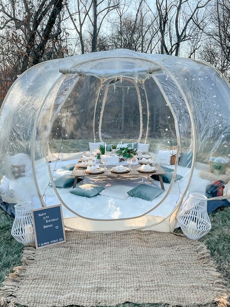 Pop Up Tent Picnic, Outdoor Park Birthday Party Picnic Ideas, Bubble Tent Birthday Party, Bubble Tent Decor, Picnic Garden Aesthetic, Tent Picnic Ideas, Pop Up Tent Decorating Ideas, Pop Up Picnic Ideas, Bubble Tent Picnic Ideas