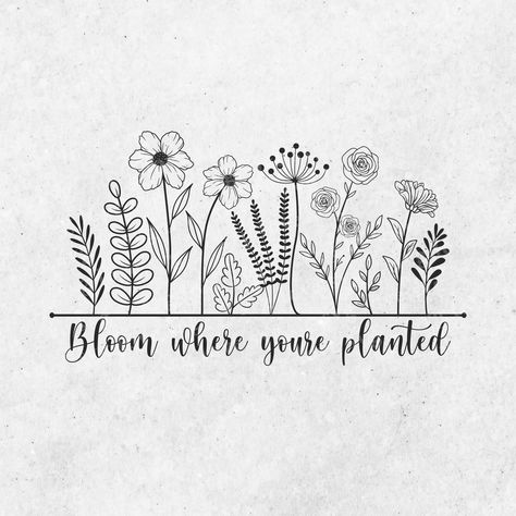 This Wildflower Svg bundle includes 5 different floral border designs. Can be used in various projects, such as wall art, signs, stickers, mugs, tumblers, ... Bloom Where You Are Planted Tattoo, T Shirt Uniform, Wild Flower Quotes, Plant Svg, Svg Flowers, Bloom Where Youre Planted, Laser Printing, Flowers Quotes, Plant Tattoo