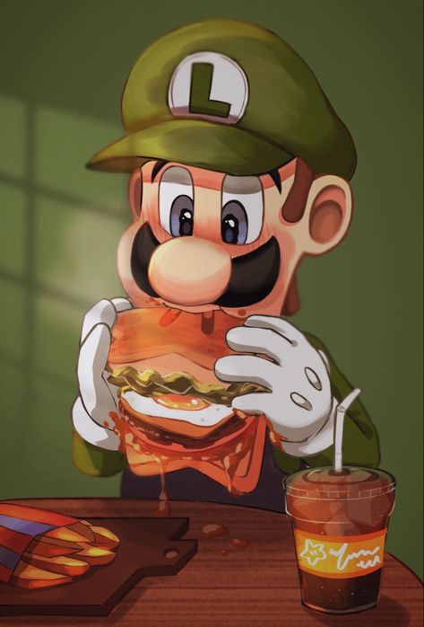 Luigi from Super Mario Bros. is eating a hamburger with lettuce, egg, cheese, beef, and tomato. The sauce is dripping off the side as Luigi takes a large bite. On the table in front of him is also fries and a beverage. Luigi's Mansion Art, Luigi Board, Luigi And Daisy, Mario Fan Art, Nintendo Super Smash Bros, Super Mario And Luigi, Luigi's Mansion, Mario Games, Mario Nintendo