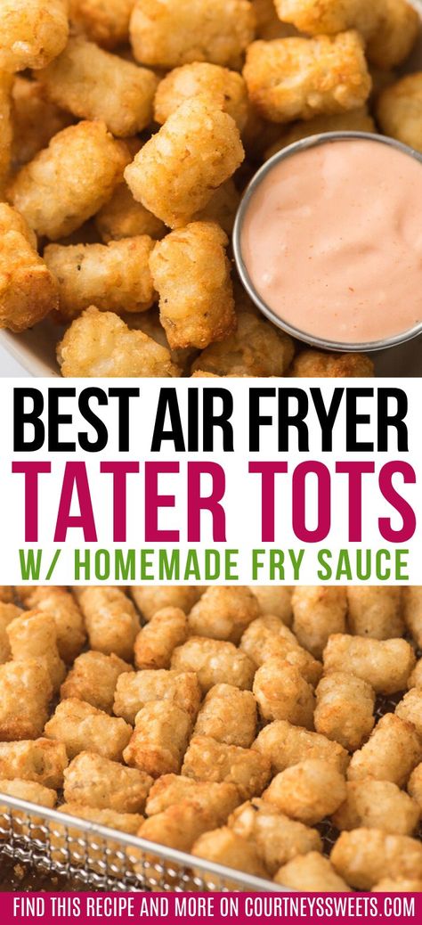 These Air Fryer Tater Tots are quick and easy to make and paired with our Fry Sauce Recipe. Make perfectly cooked frozen tater tots in the air fryer. #airfryer #airfrying #airfryerrecipes #tatertots #potatoes #appetizer #sidedish #frysauce #sauce #dips Potatoes Airfryer, Fry Sauce Recipe, Frozen Tater Tots, Airfryer Recipe, Tater Tot Recipes, Yummy Fries, The Best Air Fryer, Homemade Fries, Sweet And Sour Sauces