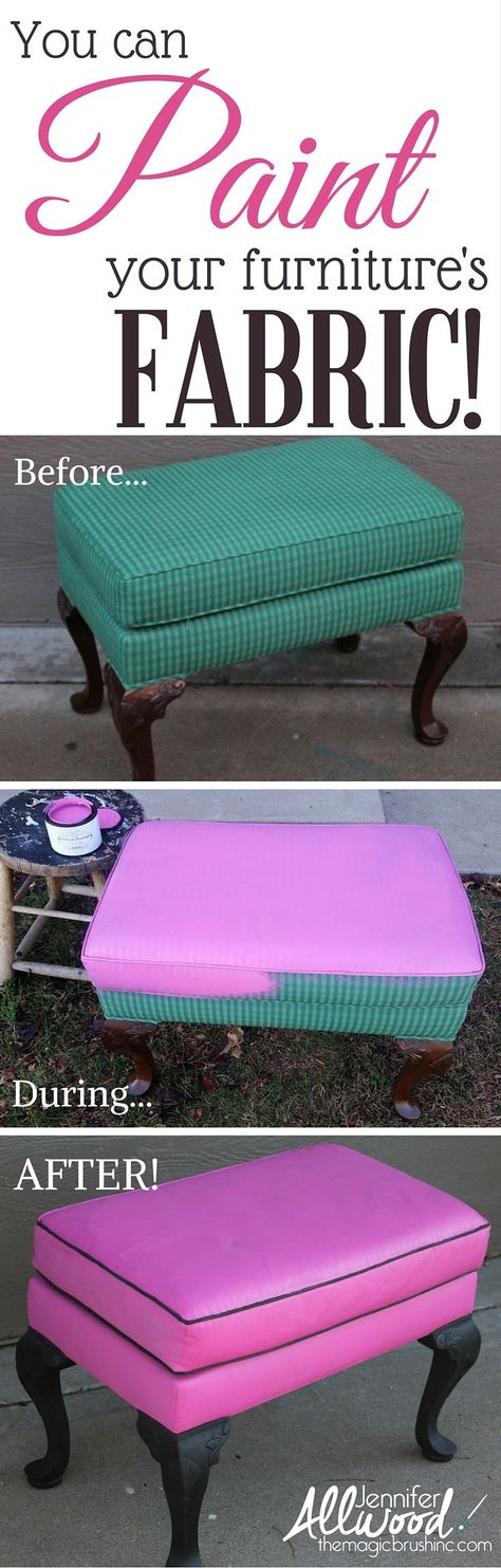 Yes, I PAINTED this! Here's how I turned a drab upholstered foot stool into something pink and fabulous with FAB! Did you know you can paint fabric!?! More DIY paintings tips and furniture makeovers at theMagicBrushinc.com Stool Painting, Painting Upholstery, Fabric Footstool, Painting Fabric Furniture, Jennifer Allwood, Paint Upholstery, Diy Paintings, Painting Fabric, Paint Fabric