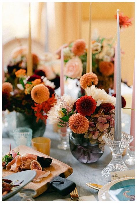 Candlelit Centerpieces, Fall Wedding Tablescapes, Textured Vases, Autumn Wedding Decor, Blue Linen Napkins, Photography Story, Fall Garden Wedding, Low Centerpieces, Fall Orange