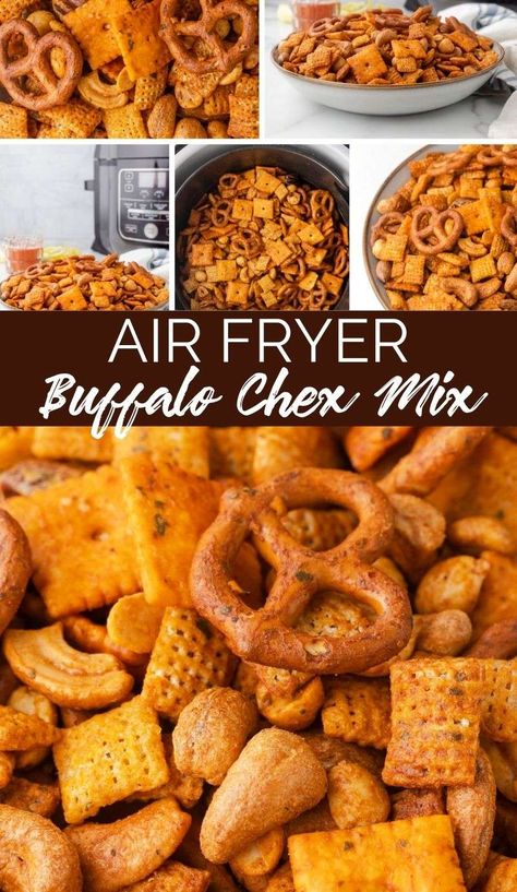 Buffalo Snack Mix Recipes, Air Fryer Snack Mix Recipes, Trail Mix In Air Fryer, Buffalo Chex Recipes, Buffalo Chex Mix Recipes, Air Fryer Chex Mix Recipes, Movie Night Meals, Ranch Chex Mix, Chex Recipes