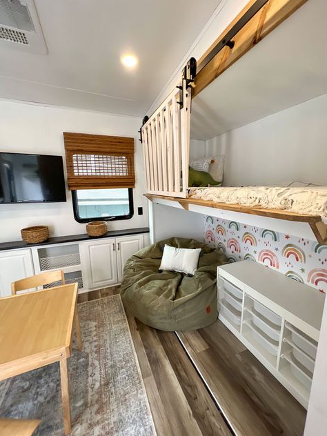 Travel Trailer Remodel Bunkroom, Class C Bunk Remodel, Bunkhouse Trailer Remodel, Rv Bunk Room Decor, Rv Play Area, Camper Bunk Storage Ideas, Bunk Room Camper, Rv Bunk Room Renovation, Camper Bunk Room Ideas