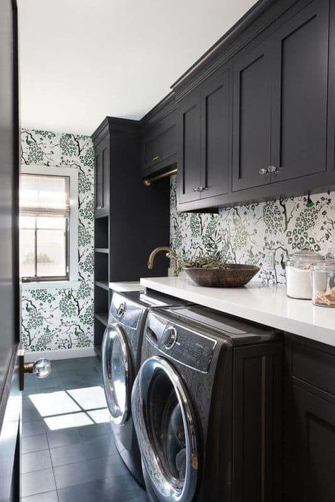 Black And White Backsplash, White Laundry Rooms, Laundry Room Lighting, Stylish Laundry Room, Modern Remodel, Laundry Room Wallpaper, Laundry Room Renovation, Laundry Room Shelves, Laundry Room Cabinets