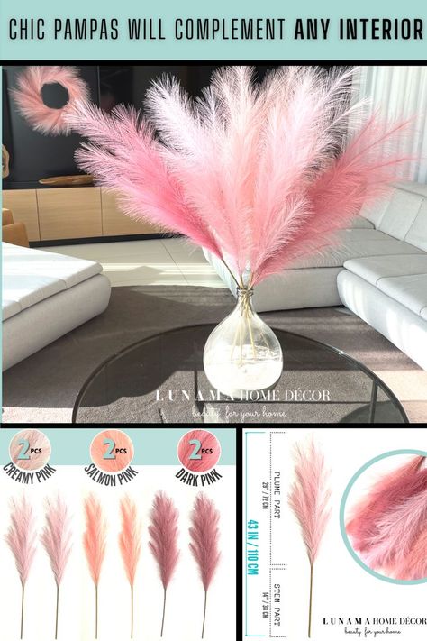 Beautiful gradient 43 inch faux pampas grass Pampas Grass Decor Bedroom, Pink Pampas Grass Decor, Pink Pampas, Pink Pampas Grass, Faux Pampas, Beautiful Gradient, Decor Fireplace, Pampas Grass Decor, Grass Decor