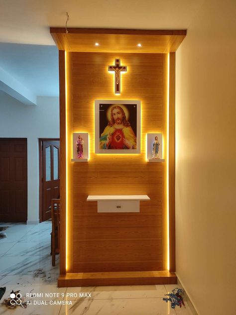 Kerala Living Room Designs, Prayer Alter Ideas Home Altar, Modern Altar Design Home Catholic, Small Altar Ideas, Wall Altar Ideas Catholic, Catholic Home Altar Ideas Living Rooms, Home Prayer Room, House Plans Interior, Living Room Designs India