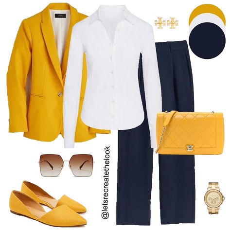 Navy x Yellow x White - 9 Outfit Ideas 💛 A bit nautical, preppy and classic all intertwined and a great combination to try for spring. Look into your closet, I’m sure you have some items in these three colors, think about how you can pair them together. This is a great way to add a pop of color! 💛 Save this post for color and style inspo!🥰 Links will be available on the blog later today. (Link in bio) Are you subscribed? 😉 #letsrecreatethelook #springstyle #outfitideas #styleinspiration #cas... Blue And Yellow Work Outfit, Yellow Combination Outfits, Navy And Yellow Outfits, Mustard Color Outfits, Mustard Outfit Ideas, Yellow Work Outfit, Mustard Outfits, Riverside Cottage, Color Outfits