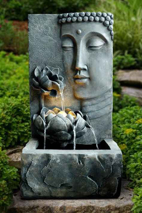 Jardin Zen Interior, Buddha Statue Garden, Bamboo Water Fountain, Deco Spa, Water Fountain For Home, Water Fountain Design, Taman Air, Indoor Water Features, Home Fountain