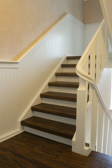 Bead Board Stairs, Beadboard Stairs Wall, Beadboard Stairwell, Staircase Paneling, Stairs And Hallway Ideas, Stairs Cladding, Stairwell Wall, Stair Paneling, Gallery Wall Staircase