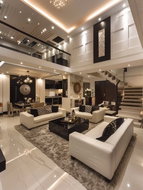 Modern Indian House Design Interior, Modern Mansion Interior, Home Designs Exterior, Black And White Living Room, House Interior Design Styles, Luxury House Interior, Interior Design Your Home, Building House Plans Designs, Luxury Living Room Design