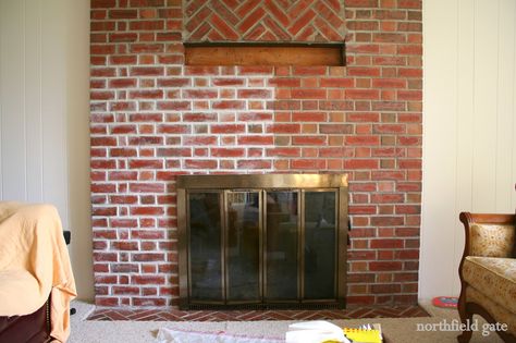 This is how our family room looked like when we first moved into our house six years ago.  I was in love with the general layout of the hous... Fireplace Mirror Ideas, Fireplace Makeover Brick, Room Hallway Ideas, Above Fireplace Ideas, Wash Brick Fireplace, Mirror Above Fireplace, White Wash Brick Fireplace, Red Brick Fireplaces, White Brick Fireplace