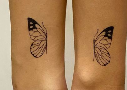 half butterfly friendship tattoo *not mine* Butterfly Split In Half Tattoo, Half Of A Butterfly Tattoo, Butterfly Tattoo Two People, Butterfly Friendship Tattoos, Half Butterfly Tattoo, Friendship Tattoo, Half Butterfly, Laminate Stairs, Timeless Tattoo