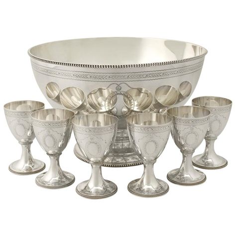 C.j. Vander Sterling Silver - Vintage Elizabeth Ii Punch Bowl Goblets Cj Vander Ltd. British Elizabethan Silver, Sterling Silver Silver Dinner Set, Silver Punch Bowl, Kitchen Plates, Silver Things, Vintage Goblets, Tall Candlesticks, Serve Ware, Silver Candlesticks, Silver Bowl