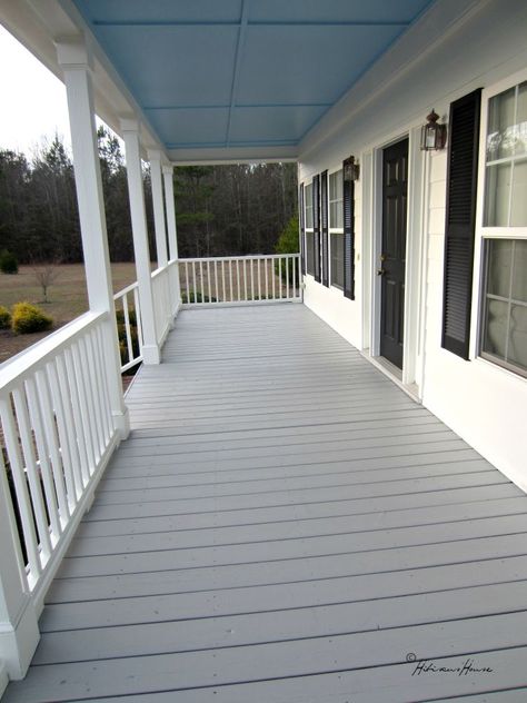 You've seen our new roof, the Haint Blue Ceiling of the porch and today I'd like to show you the new porch/decking.  I finally picked out a color of stain with much thought.   It has been a few years since we stained the porch and it needed it badly.   This is how the flooring looked from a few years of use without cleaning or staining.   Here we have our wonderful painters Wendell on the left and Earl on the right cleaning and preparing the porch for the stain.   Wow it was such a pre… Gray Porch Floor Paint, Front Porch Southern, Porch Floors, Ceiling Colors, Deck Stains, Deck Staining, Grey Deck, Floor Paint Colors, Deck Stain