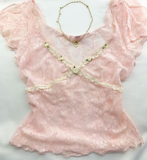 lace mesh cami top with white rose embellishments and lettuce hem Pretty Clothes Aesthetic, Tops With Lace, Rose Embellishments, Pink Cami Top, Pink Lace Top, Pink Lace Dress, Pink Lace Tops, Fairy Clothes, Pastel Outfit