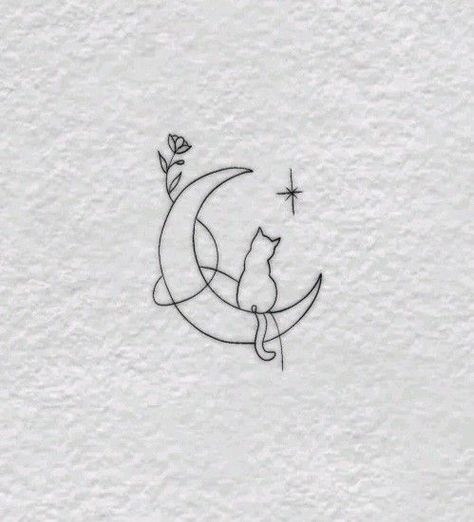 Cool Cat Tattoo Ideas, Kitten Memorial Tattoo, Cat Moon Tattoo Designs, Cat In Heaven Tattoo, Small First Tattoo Ideas Meaningful, Moon With Cat Tattoo, Cat And Sun Tattoo, Cat Laying Down Tattoo, Cat Tattoo Designs Simple