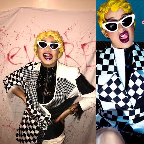 Everything from scratch! Amazon: leather top, checkered belt, feather wrist cuffs, pantyhose, peacock temporary tattoo, blonde finger wave wig, yellow hair dye. FashionNova: white blazer roper. Pieces were sewed on resembling  Cardi B’s timeless piece. As she would say “let’s get this shmoney!” #cardi #cardib #invasionofprivacy #halloweencostume #halloweencostumesforwomen #halloweencostumeideas Popular Girls Halloween Costumes, Cardi B Halloween, Cardi B Costume, Cardi B Invasion Of Privacy, Scary Spice Costume, Netflix And Chill Costumes, Jasmine Costume Kids, Funny Kid Halloween Costumes, Hair Styles Lines