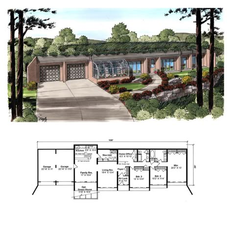 Contemporary House Plan 10376 | Total Living Area: 2139 sq. ft., 3 bedrooms  2 bathrooms. This three bedroom, underground masterpiece is designed to fight the high cost of living through its many energy-saving features, including the use of passive solar energy. #houseplan #contemporarystyle Earth Berm House Plans, Bunker Ideas Underground, Underground Homes Plans, Earthship Home Plans, Earthship Plans, Underground House Plans, Passive Solar House Plans, Solar House Plans, Earth Sheltered Homes