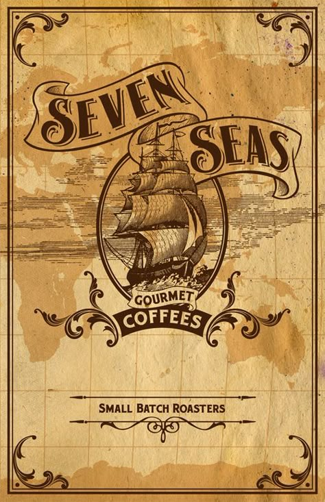 Seven Seas Gourmet Coffees Pirate Graphic Design, Beverage Poster, Menue Design, Easy Crafts To Sell, Vintage Business Cards, Flyer Layout, Seven Seas, Restaurant Menu Design, Beach Theme Decor