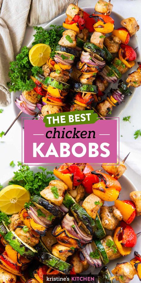 These Chicken Kabobs are made with chicken breasts, a flavorful chicken kabob marinade and vegetables. This colorful meal is easy to make on the grill or in the oven. Chicken Shish Kabobs Marinade, Delicious Chicken Marinade, Chicken Kabob Marinade, Chicken Shish Kabobs, Kabob Marinade, Grilled Kabob Recipes, Chicken Kabob Recipes, Veggie Kabobs, Grilled Chicken Kabobs