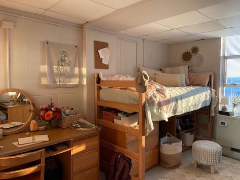 Cottage Core College Dorm, Very Small Dorm Room Ideas, Mega Bed Dorm Room, Dorm Room With Bunk Beds, Wwu Dorm Western Washington University, Dorm Room Ideas Cottagecore, Tiny Dorm Room Ideas Space Saving, Home Dorm Room, Dorm Room Earthy Tones