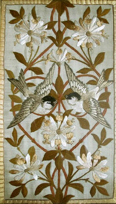 William Morris & Co Embroidery                                                                                                                                                                                 More Antique Embroidery, William Morris Art, William Morris Designs, Chickadees, Art And Craft Design, Bird Embroidery, Two Birds, Crewel Embroidery, Arts And Crafts Movement