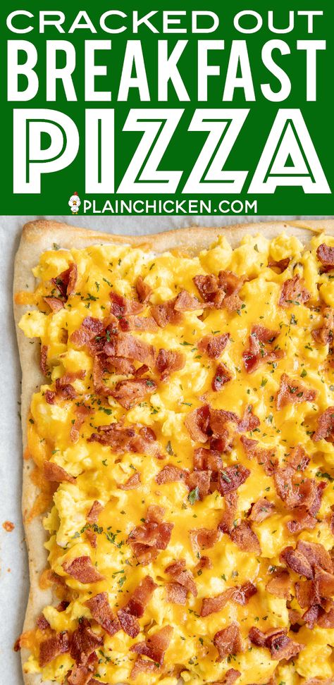 Cracked Out Breakfast Pizza - loaded with cheddar, bacon and Ranch! SO GOOD!!! Easy enough for a weekday breakfast. Refrigerated pizza crust topped with ranch dressing, scrambled eggs, bacon and cheddar cheese. We love this for breakfast, lunch and dinner. This is the most requested breakfast in our house. There are never any leftovers!! #breakfast #pizza #eggs #bacon #cheese Blackstone Breakfast Pizza, Pizza Eggs, Cheesy Breakfast, Cracked Out, Vegetarian Nachos, Eggs Dinner, Breakfast Pizza Recipe, Blackstone Recipes, Weekday Breakfast