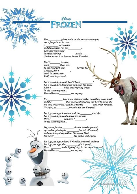 Frozen Text, Let It Go Song, Disney Song Lyrics, Frozen Let It Go, Nursery Rhymes Activities, Teaching English Online, Christmas Worksheets, Listening Comprehension, Music Worksheets