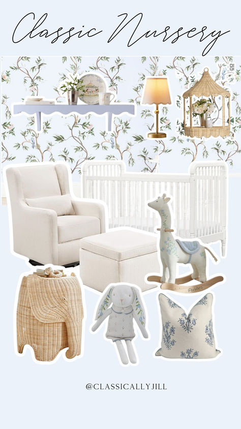 classic baby nursery ideas Fisherman Nursery, Nursery Girl Ideas, Elegant Baby Nursery, Spindle Crib, Blue Recliner, Wallpaper Giraffe, Ikea Baby Room, Lamp Wallpaper, Neutral Nursery Rooms