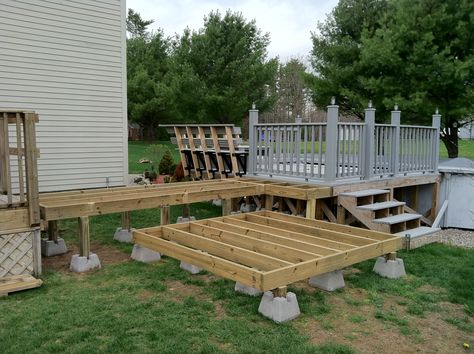 Framework for the hot tub and deck access | Repair and Refinishing ... Hot Tub Deck Platform, Hot Tub Lower Deck Ideas, Hot Tub Deck Diy, Step Down Hot Tub Deck, Small Hot Tub Deck, Raised Hot Tub Deck Ideas, Deck Plans With Hot Tub, Hot Tub Floating Deck, Hot Tub Surround Deck