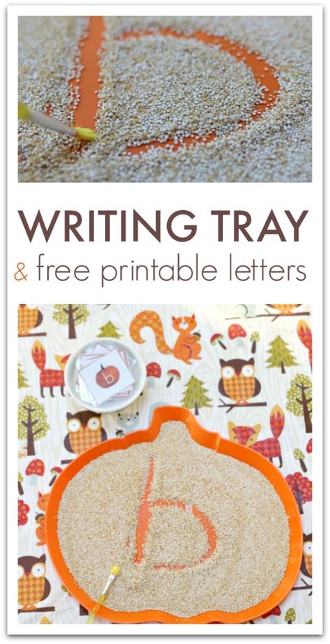 Sensory writing tray for preschool and kindergarten. Use grain to add texture and interest to writing. Includes FREE Printable Letter Cards. Sensory Writing, Fall Sensory, Thanksgiving Activities Preschool, Halloween Writing, Fall Lessons, Math Games For Kids, Literacy Games, Thanksgiving Preschool, Free Printable Letters