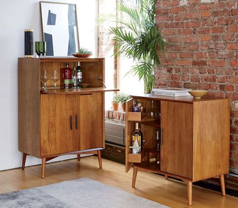 Mid-Century Bar Cabinets at West Elm Retro Cabinets, Mid Century Bar Cabinet, Bar Mini, Modern Home Bar, Mid Century Bar, Bar Essentials, Mini Bars, Home Bar Furniture, Bar Cart Decor