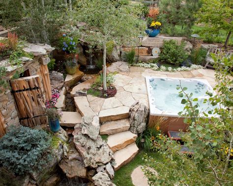 Outdoor Saunas Gallery | Outdoor Spaces - Patio Ideas, Decks & Gardens | HGTV Hot Tub Landscaping, Casa Hobbit, Hot Tub Patio, Outdoor Hot Tub, Hot Tub Deck, Rustic Backyard, Hot Tub Backyard, Backyard Buildings, Outdoor Patio Space