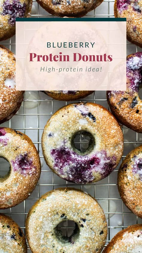 Blueberry Protein Donuts - Fit Foodie Finds Blueberry Protein Recipes, High Protein Donut Recipe, Protein Donuts Healthy, High Protein Brunch, Protein Donut Recipe, Protein Blueberry Muffins, Low Calorie Donuts, Mom Snacks, High Protein Donuts