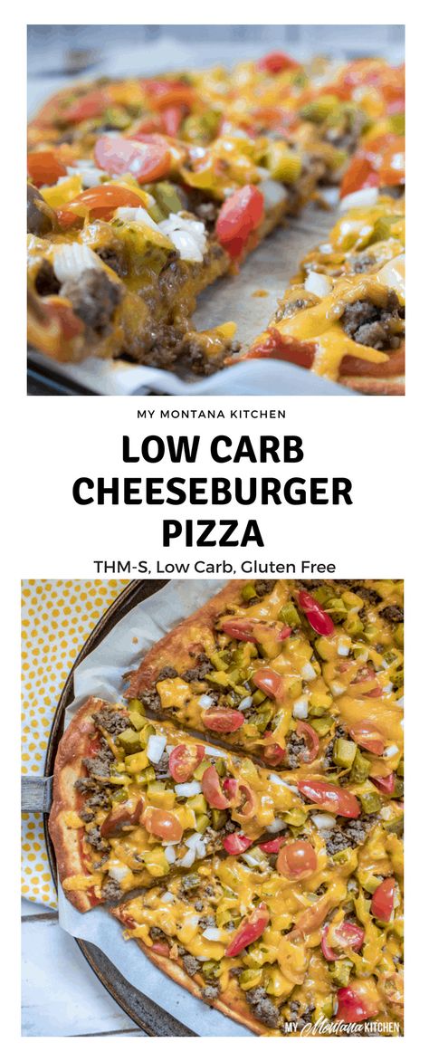 Combine the best of both cheeseburgers and pizza and you have a delicious and easy dinner recipe - Low Carb Cheeseburger Pizza! Using a low carb crust and lots of toppings, this keto pizza is perfect for a family dinner! #trimhealthymama #thm #lowcarb #keto #cheeseburger #pizza #groundbeef #easyrecipe #glutenfree Low Carb Crust, Low Carb Cheeseburger, Keto Cheeseburger, Cheeseburger Pizza, Low Carb Low Fat Recipes, Keto Pizza, No Carb Recipes, Low Carb Low Sugar, Best Low Carb Recipes