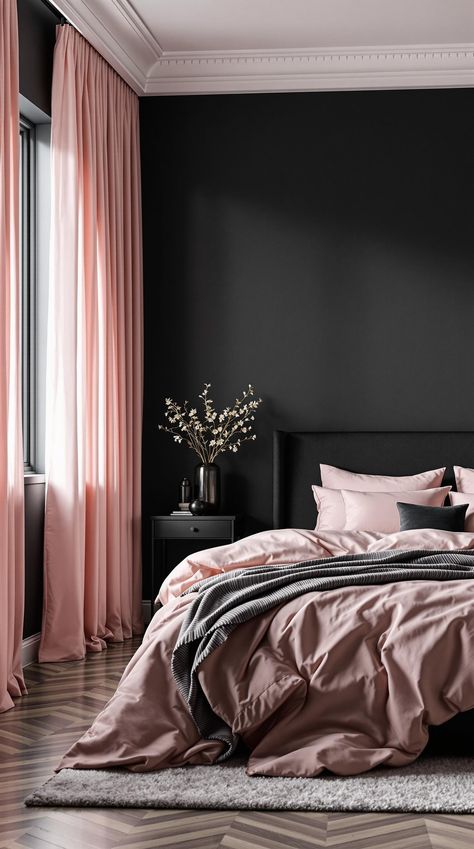 Pink and Black Bedrooms Pink And Black Bed, Pink Black Bedroom Ideas, Matte Black Bedroom, Black Glam Bedroom, Matte Black Furniture, Black And Pink Bedroom, Pink And Black Room, Pink And Black Bedroom Ideas, Pink Black Bedrooms