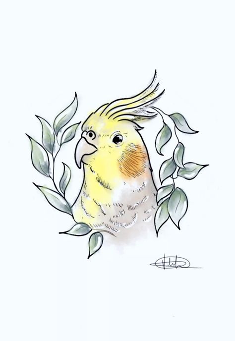 Cockatiels Tattoo, Cockatiel Drawing Cute, Cockatiel Embroidery, Cockatiel Drawing, Cockatiel Tattoo, Girly Hand Tattoos, Beachy Tattoos, Pet Bird Cage, Animal Drawings Sketches