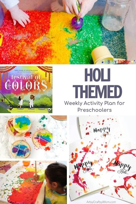 Celebrate, learn and have fun with this planned week of activities for Holi with preschoolers. Featuring the book Festival of Colors as well as songs and rhymes it's a fun way to learn about a different culture and how they celebrate the coming of spring. Holi Pichkari, Holi Theme, Rainbow Books, India For Kids, Holi Festival Of Colours, Festival Of Colors, Simple Activities, Holi Colors, Activities Ideas