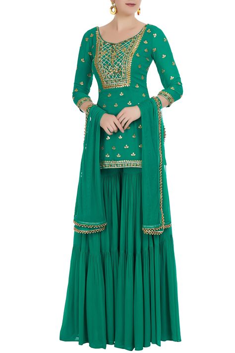 Crop Top Outfits Indian, Lehenga Outfits, Kurta With Sharara, Latest Bridal Lehenga Designs, Georgette Kurta, Engagement Lehenga, Sharara Designs, Sharara Pants, Desi Dress