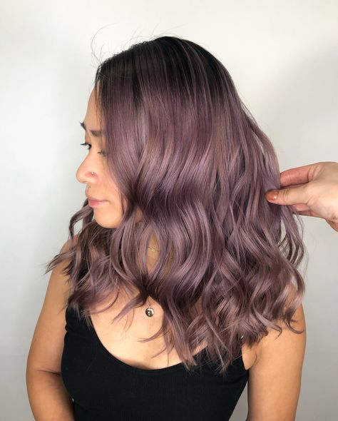 Violet Light Brown Hair, Mauve Highlights In Brown Hair, Balayage Hair Ash Grey, Purple Ash Hair Color, Purple Tinted Brown Hair, Ash Purple Balayage, Lavender Balayage Brunette, Lavender Ash Hair, Light Purple Balayage