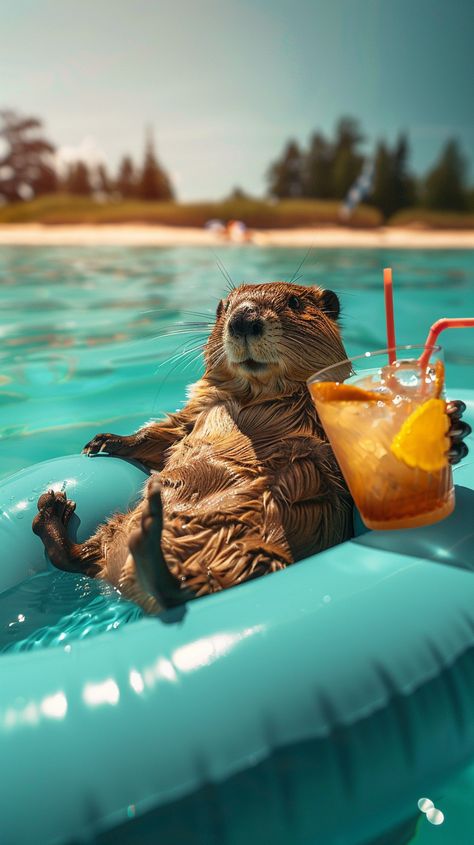 #Beaver #InflatableMattress #TurquoiseWater #Cocktail #Relaxation #ProfessionalPhotography #TheCandie Animal Cocktails, Beaver Swimming, Beach Animals, Funny Capybara, Inspirational Digital Art, Wild Animals Pictures, Water Pictures, Underwater Animals, Flowery Wallpaper